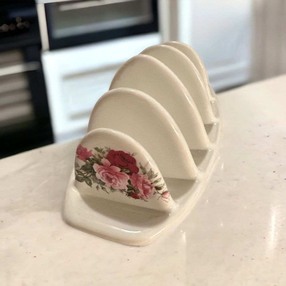 VTG 1980s Caledonia Pottery Toast Rack with 4 Slice Caddy Decorative Pink Roses